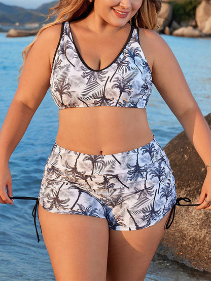 Plus Size Three Piece Coconut Tree Tankini Swimsuits with Short