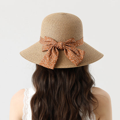 Summer Beach Sun Protection Straw Hat with Floral Bowknot