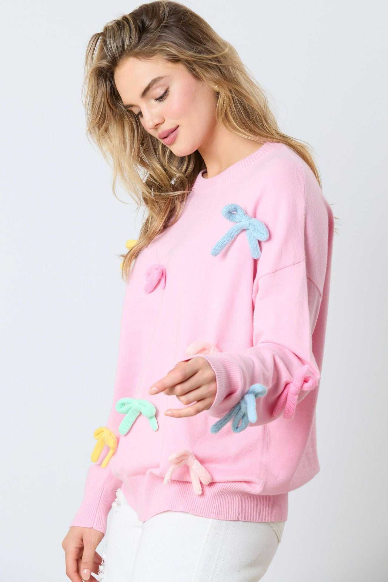 Cute Colorful Bow Long Sleeve Crew Sweater | Perfect for Everyday Wear