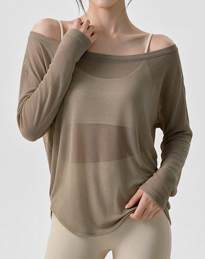 Off Shoulder Long Sleeve Sheer Mesh Yoga Tops