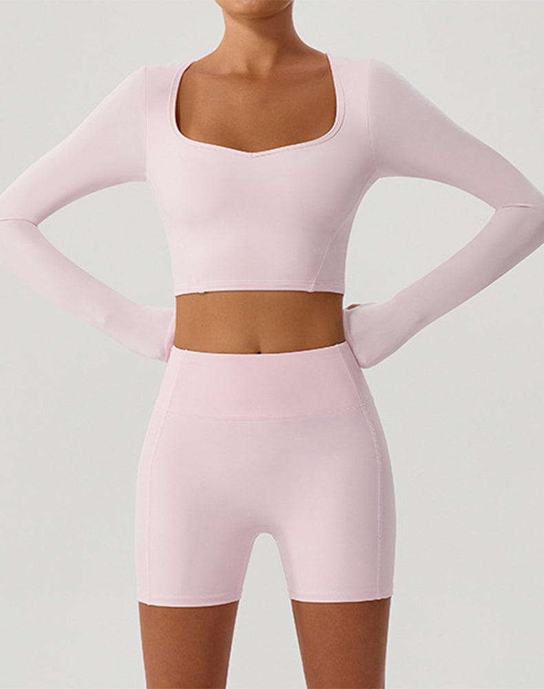 Solid Color Crop Top Yoga Long Sleeve V Neck T-Shirts
