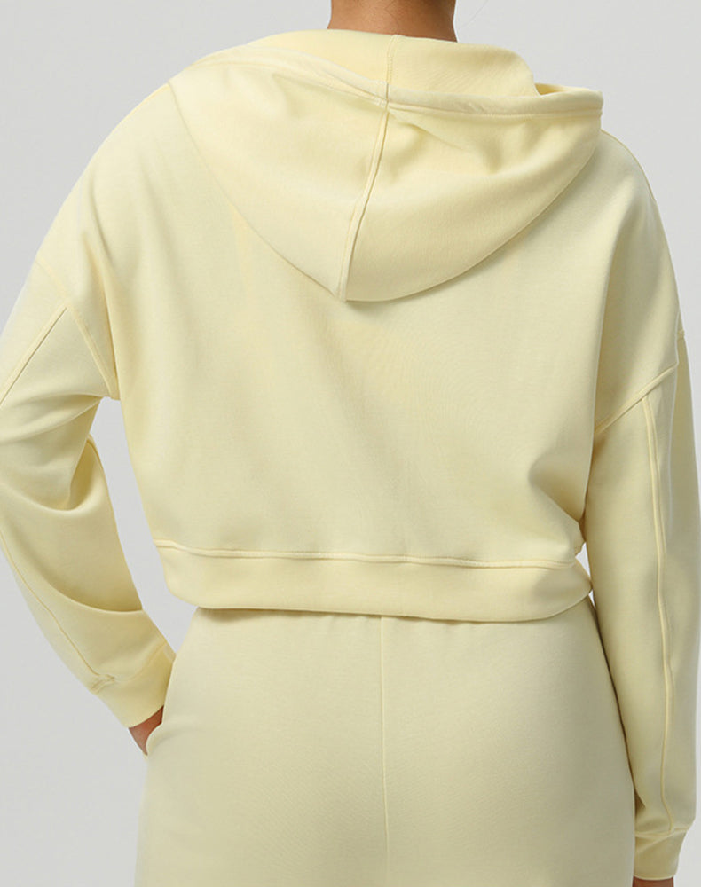 Long Sleeve Hooded Zip Up Casual Crop Coat with Pockets
