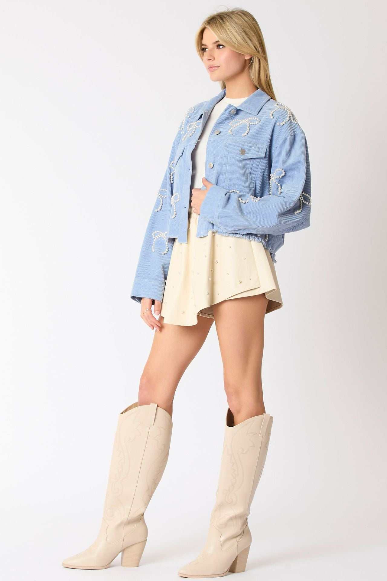 Pearl Bow Cropped Corduroy Jacket | Chic &amp; Trendy Layering Piece