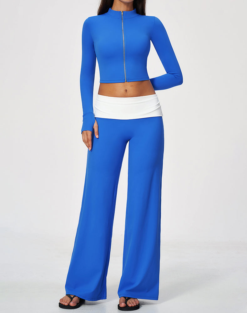 2 Piece Full Zip Cropped Jacket and Fold Over Flare Pant