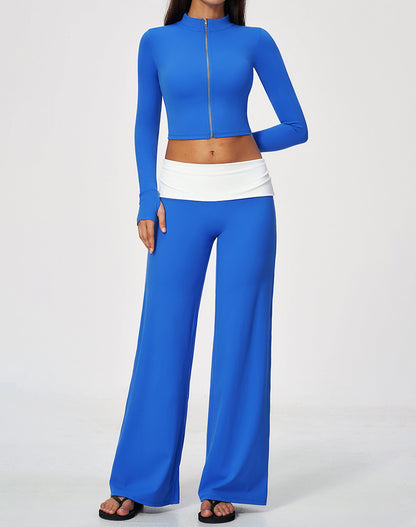 2 Piece Full Zip Cropped Jacket and Fold Over Flare Pant