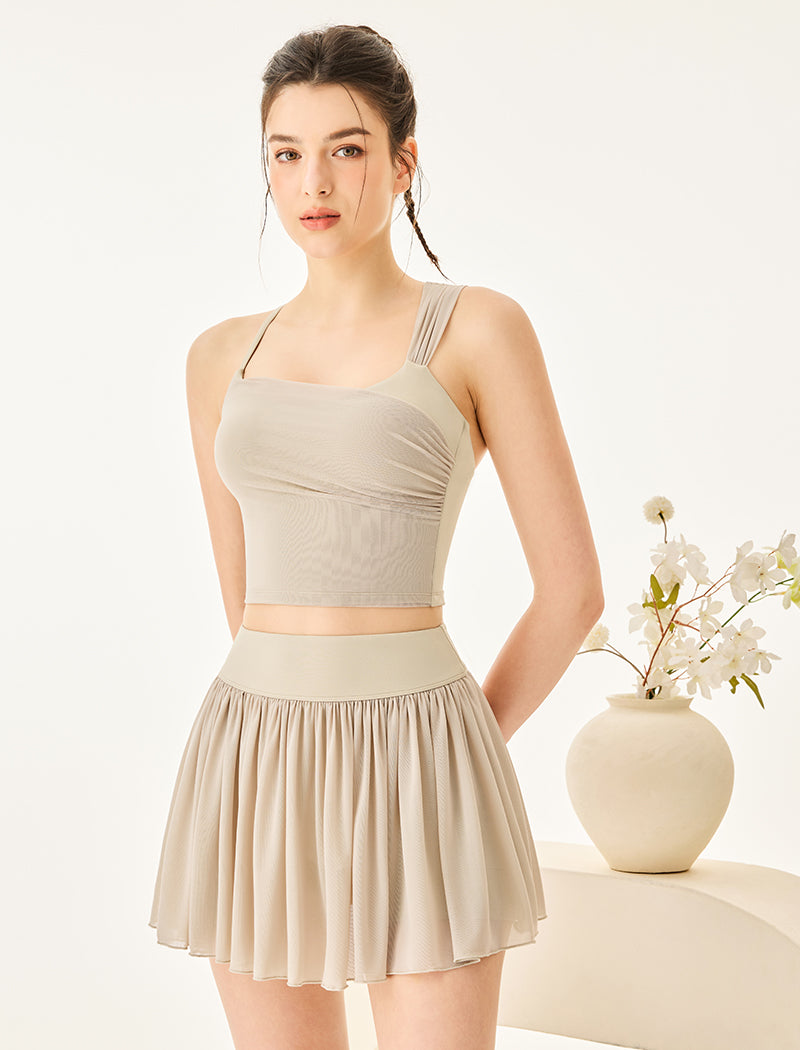 Mesh Tennis Set with Asymmetrical Strap Tank Top and Skirt