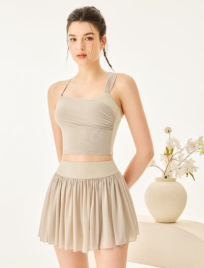Mesh Tennis Set with Asymmetrical Strap Tank Top and Skirt