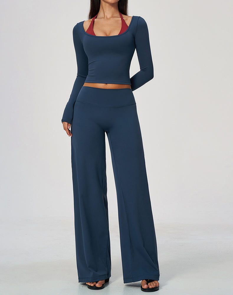2 Piece Long Sleeve Sports T-Shirt and Wide Leg Pant