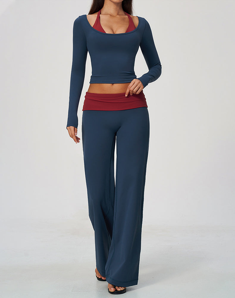 2 Piece Long Sleeve Sports T-Shirt and Fold Over Flare Pant