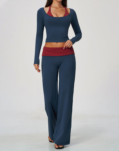 2 Piece Long Sleeve Sports T-Shirt and Fold Over Flare Pant