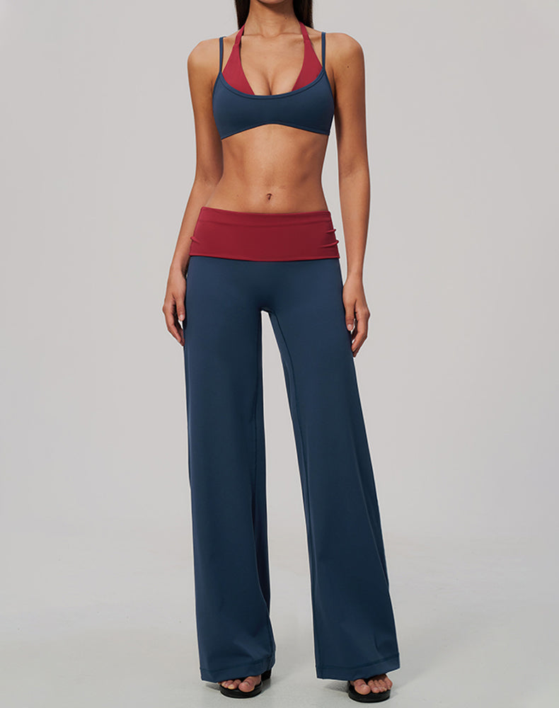 2 Piece Color Block Sports Bra and Fold Over Flare Pant Sets