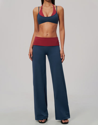 2 Piece Color Block Sports Bra and Fold Over Flare Pant Sets