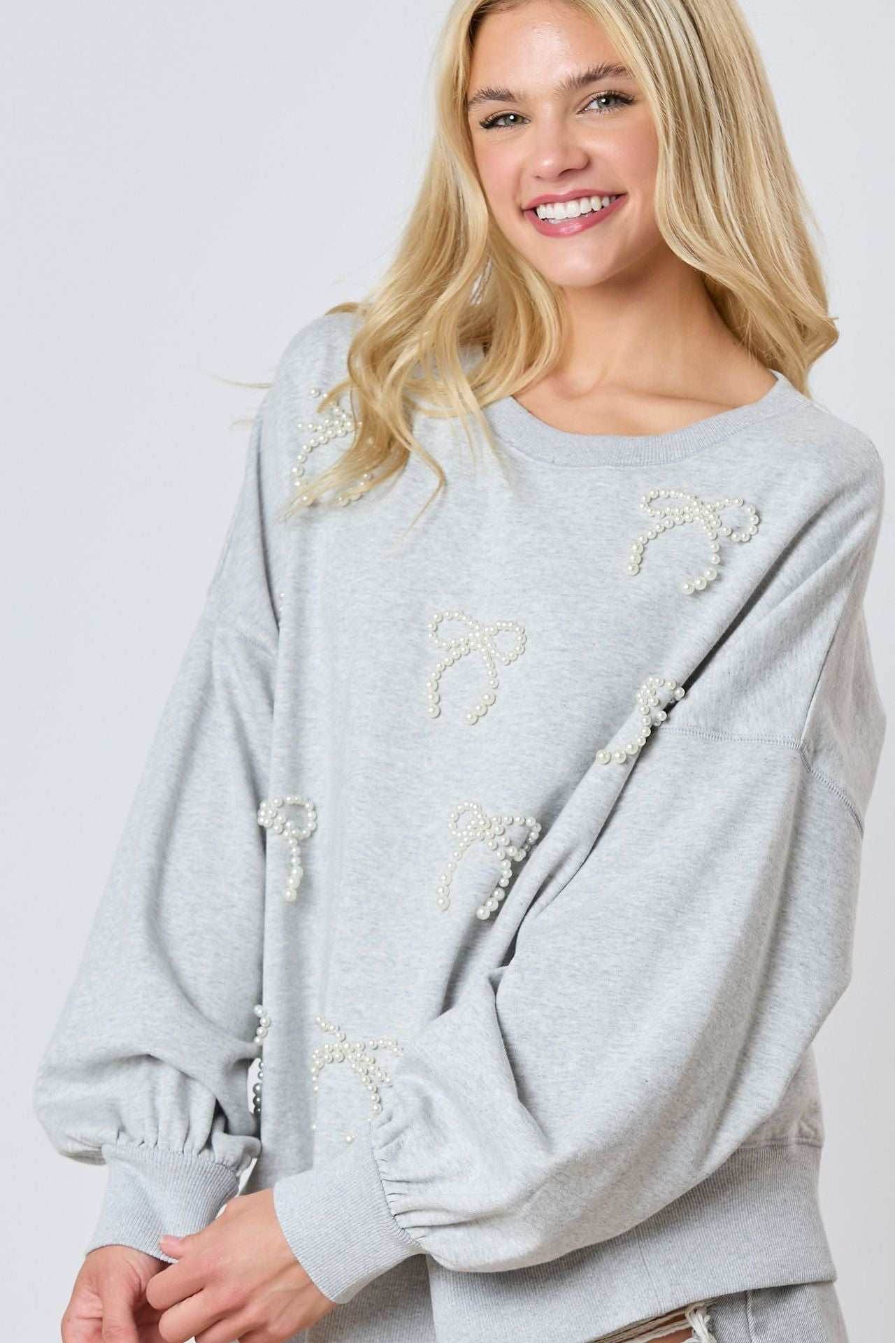 Pearl Bow Long Sleeve Sweatshirt | Ideal for Layering &amp; Everyday Wear