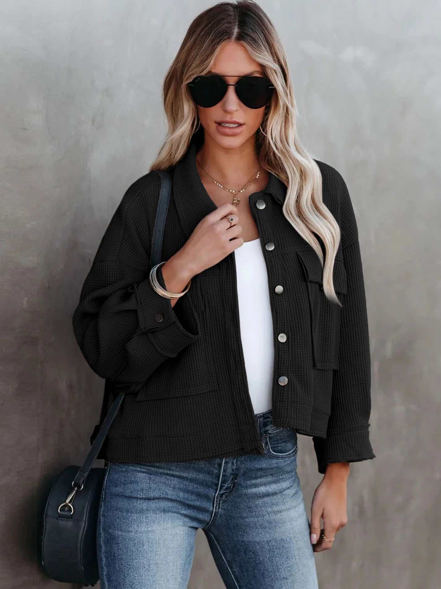 Lapel Collar Waffle Knit Short Jacket | Cozy &amp; Chic for Every Occasion