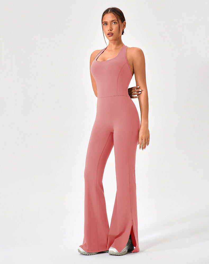 Halter Neck Flare Jumpsuit One Piece Side Split Yoga Rompers