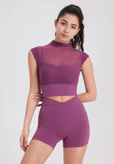 Mesh Yoga Crop T-Shirts with Built-in Chest Pad