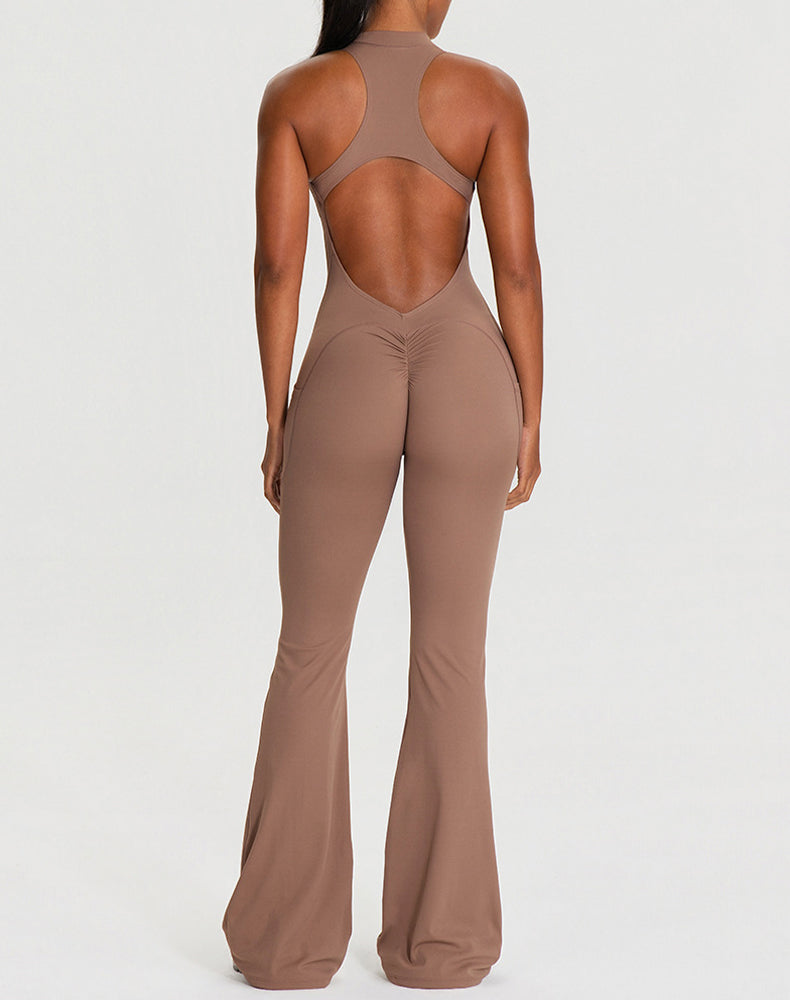 Zipper Racerback Yoga Bodysuit Flare Jumpsuit with Pockets