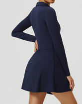 Long Sleeve Zip Polo Collar Tennis Dress with Built in Short
