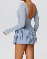 Long Sleeve Pleated Tennis Dress with Short and Pocket
