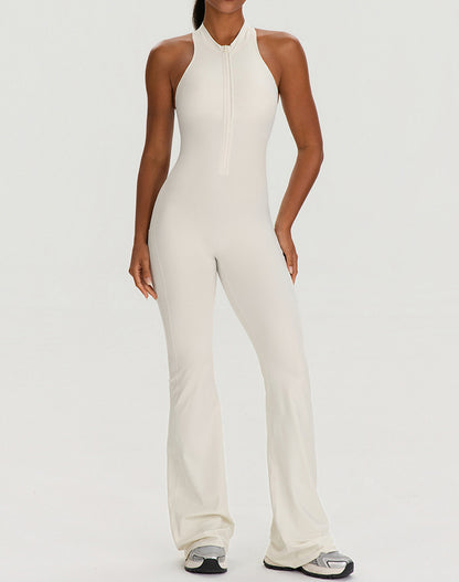 Zipper Racerback Yoga Bodysuit Flare Jumpsuit with Pockets