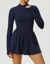 Long Sleeve Zipper Tennis Dress with Built-in Short