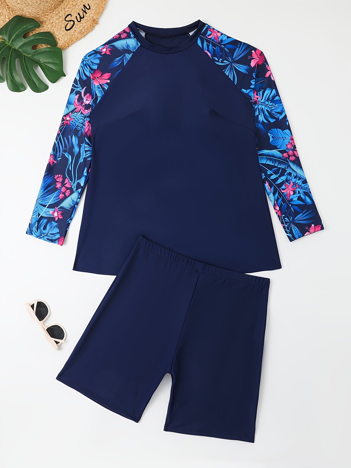 Plus Size Tropical Long Sleeves Swimwear Set