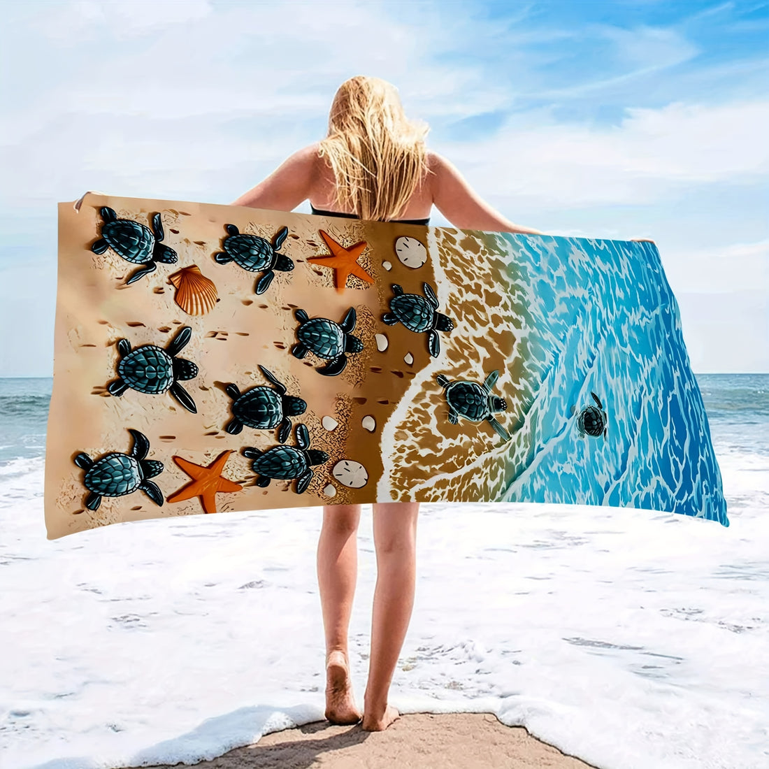 Beach Towel with Cute Sea Stars and Turtles Graphic Pattern