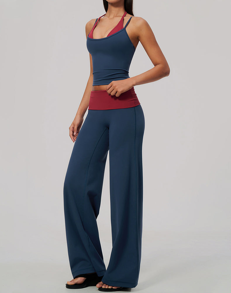 2 Piece Color Block Tank Top and Fold Over Flare Pant Sets