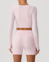 Solid Color Crop Top Yoga Long Sleeve V Neck T-Shirts
