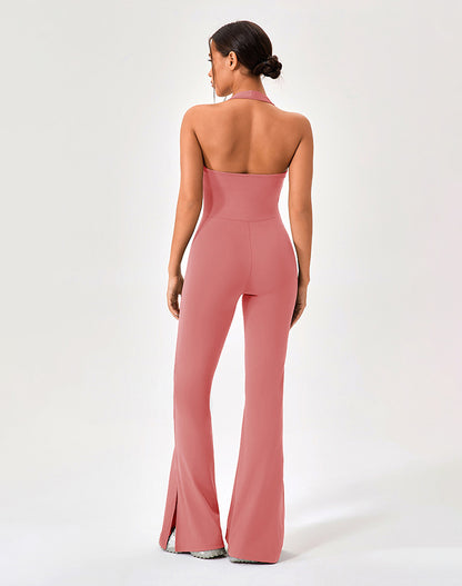 Halter Neck Flare Jumpsuit One Piece Side Split Yoga Rompers