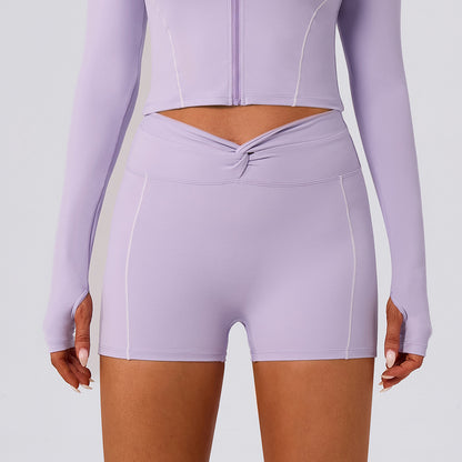 Color Blocking Workout Biker Shorts Waist Knot Running Short