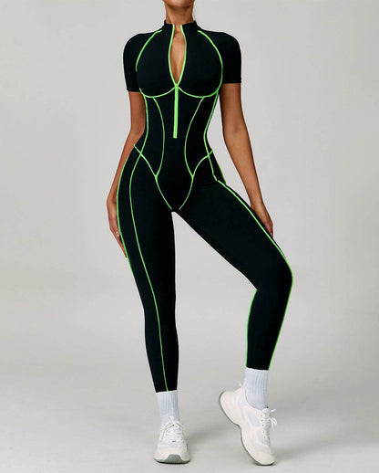 Three Dimensional Line Sports Backless Short Sleeve Jumpsuit