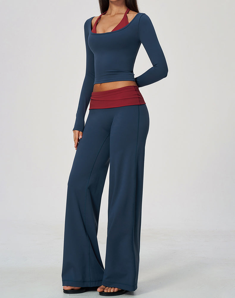 2 Piece Long Sleeve Sports T-Shirt and Fold Over Flare Pant
