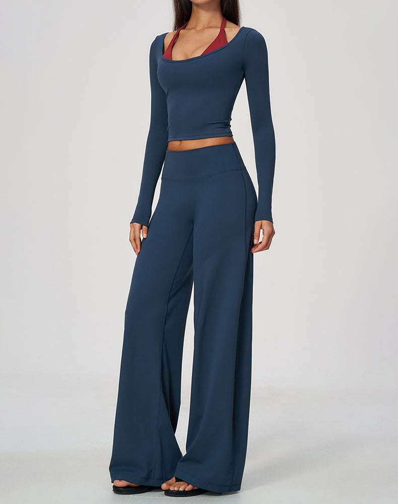 2 Piece Long Sleeve Sports T-Shirt and Wide Leg Pant