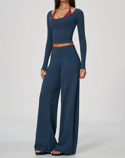 2 Piece Long Sleeve Sports T-Shirt and Wide Leg Pant
