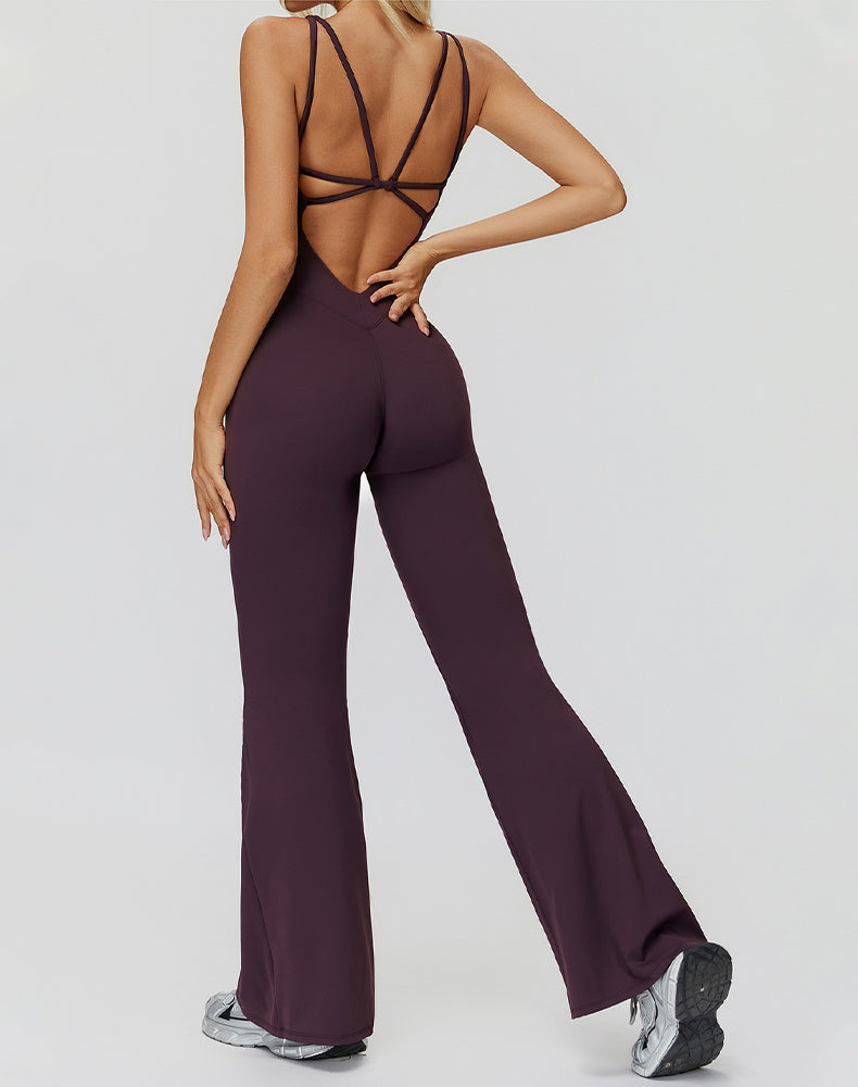 Cross Back One Piece Jumpsuit Yoga Flare Leg Rompers