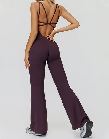 Cross Back One Piece Jumpsuit Yoga Flare Leg Rompers