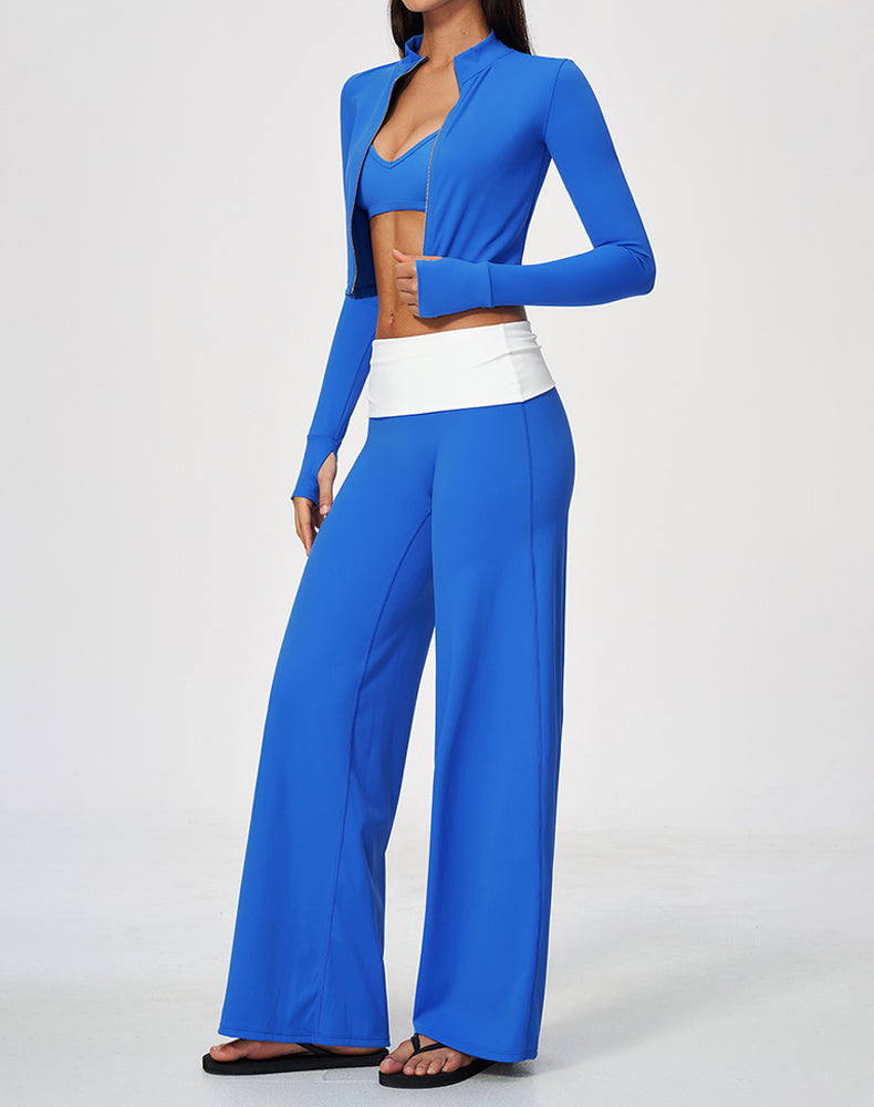 3 Piece Sports Bra Cropped Jacket and Fold Over Flare Pant