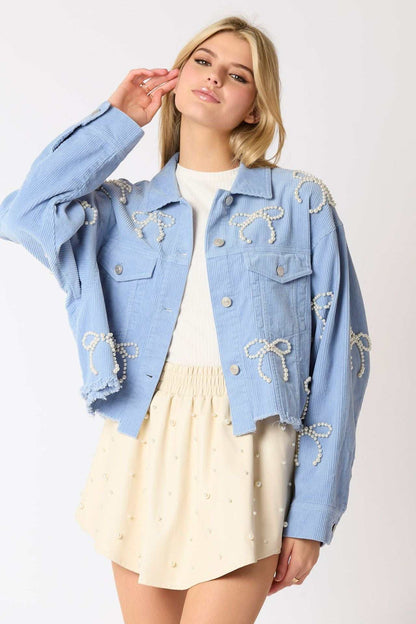 Pearl Bow Cropped Corduroy Jacket | Chic &amp; Trendy Layering Piece