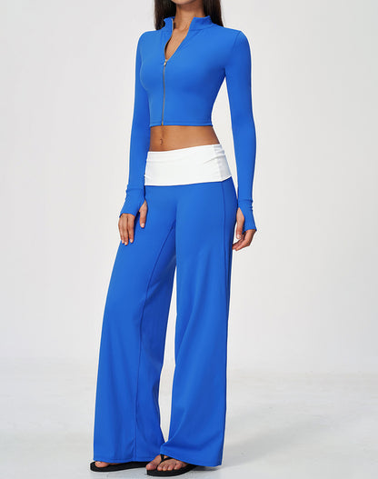 2 Piece Full Zip Cropped Jacket and Fold Over Flare Pant
