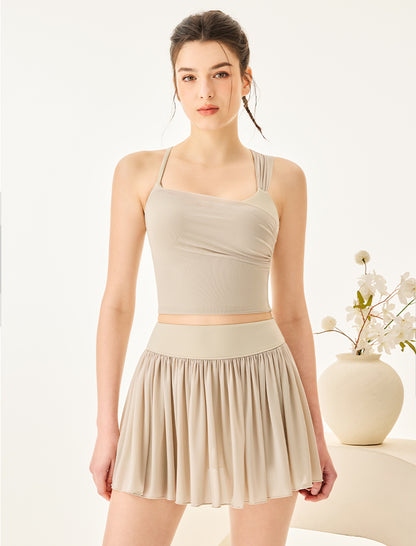 Mesh Tennis Set with Asymmetrical Strap Tank Top and Skirt