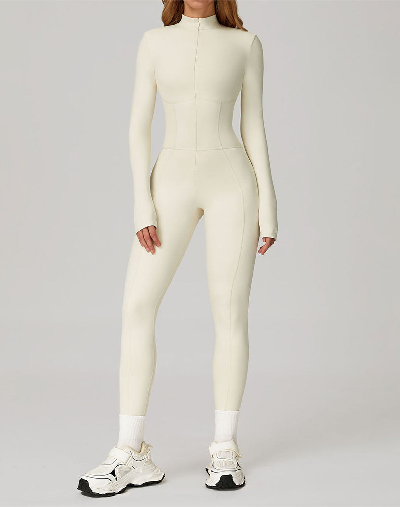 Contour Seams Workout Jumpsuit Zip Up One Piece Bodysuit