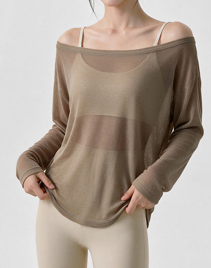Off Shoulder Long Sleeve Sheer Mesh Yoga Tops