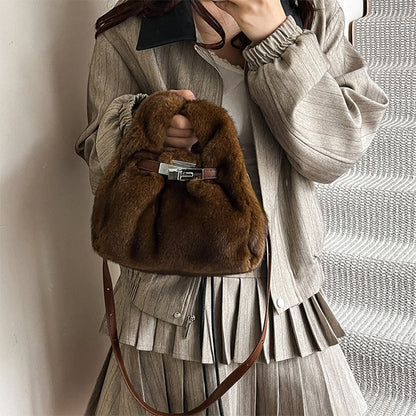 Fuzzy Shoulder Handbag Fluffy Plush Bucket Crossbody Bag