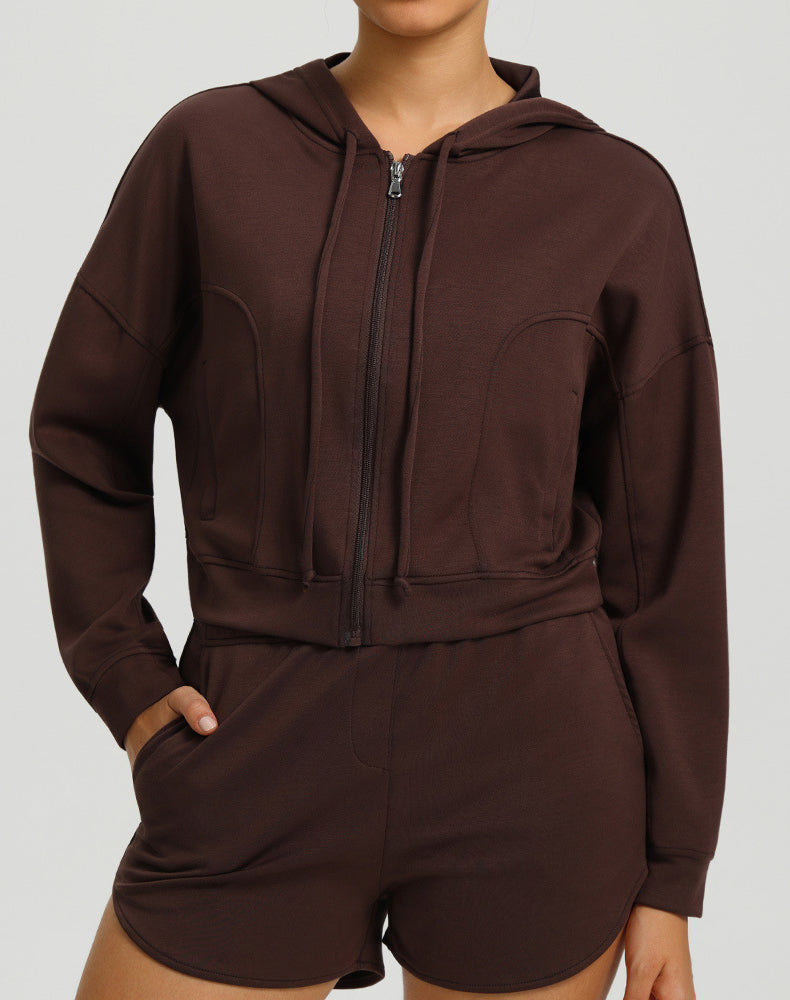 Long Sleeve Hooded Zip Up Casual Crop Coat with Pockets
