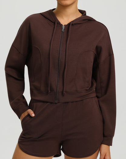 Long Sleeve Hooded Zip Up Casual Crop Coat with Pockets