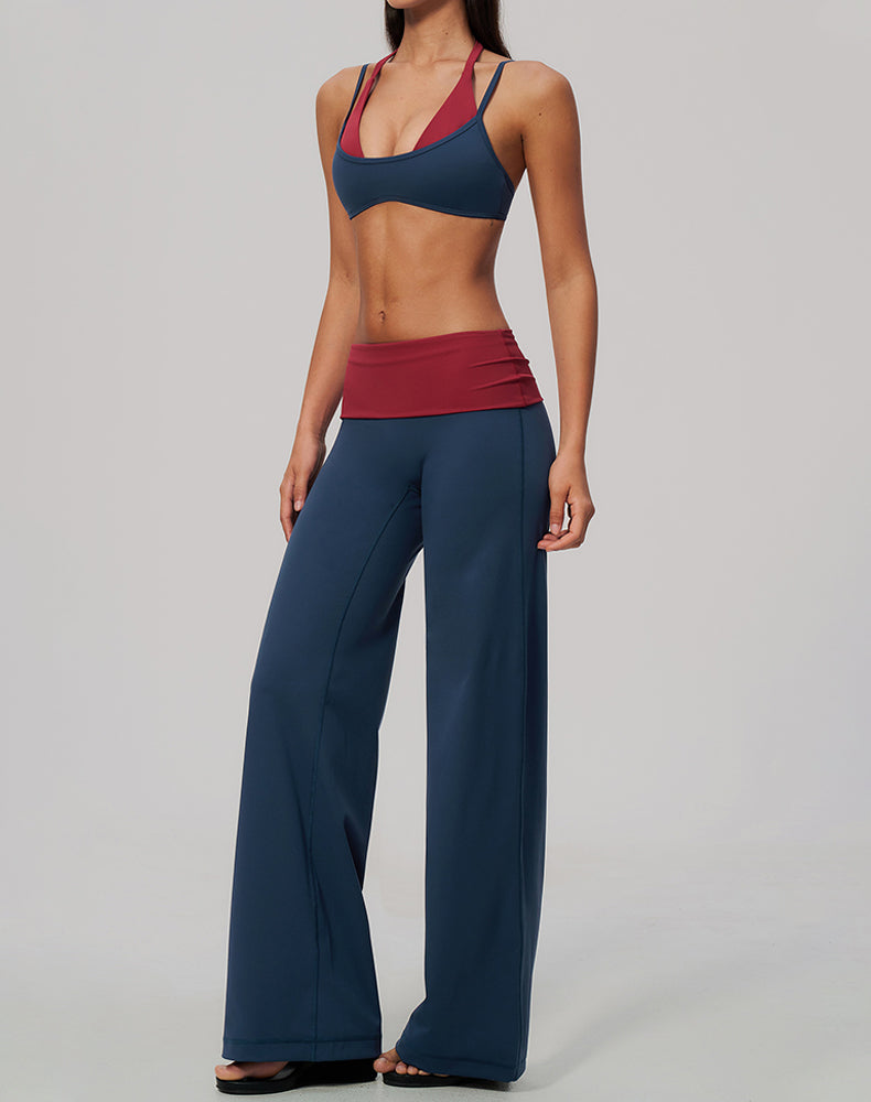 2 Piece Color Block Sports Bra and Fold Over Flare Pant Sets