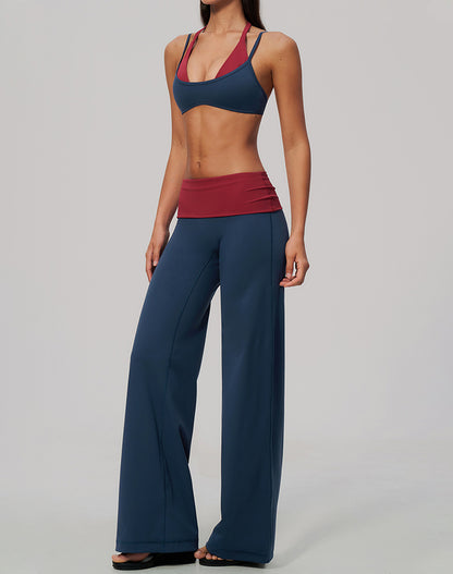 2 Piece Color Block Sports Bra and Fold Over Flare Pant Sets