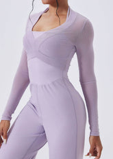 Deep V Long Sleeve Mesh Yoga Crop Tops Slim Fitted Shirts