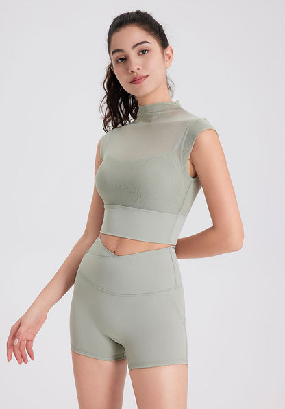 Mesh Yoga Crop T-Shirts with Built-in Chest Pad